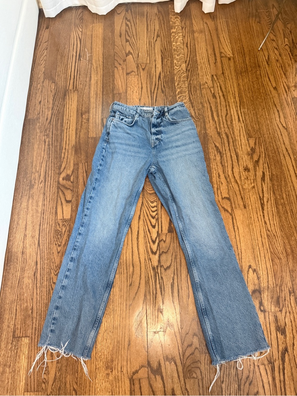 Zara Light Blue Straight-Leg Jeans with Raw Hem